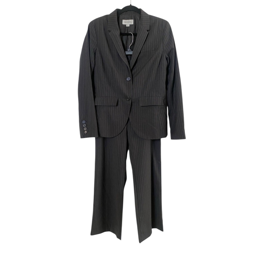 Merona Womens Taupe Striped Suit Blazer Size 10 Pants Size 8 Career Business - Picture 2 of 16
